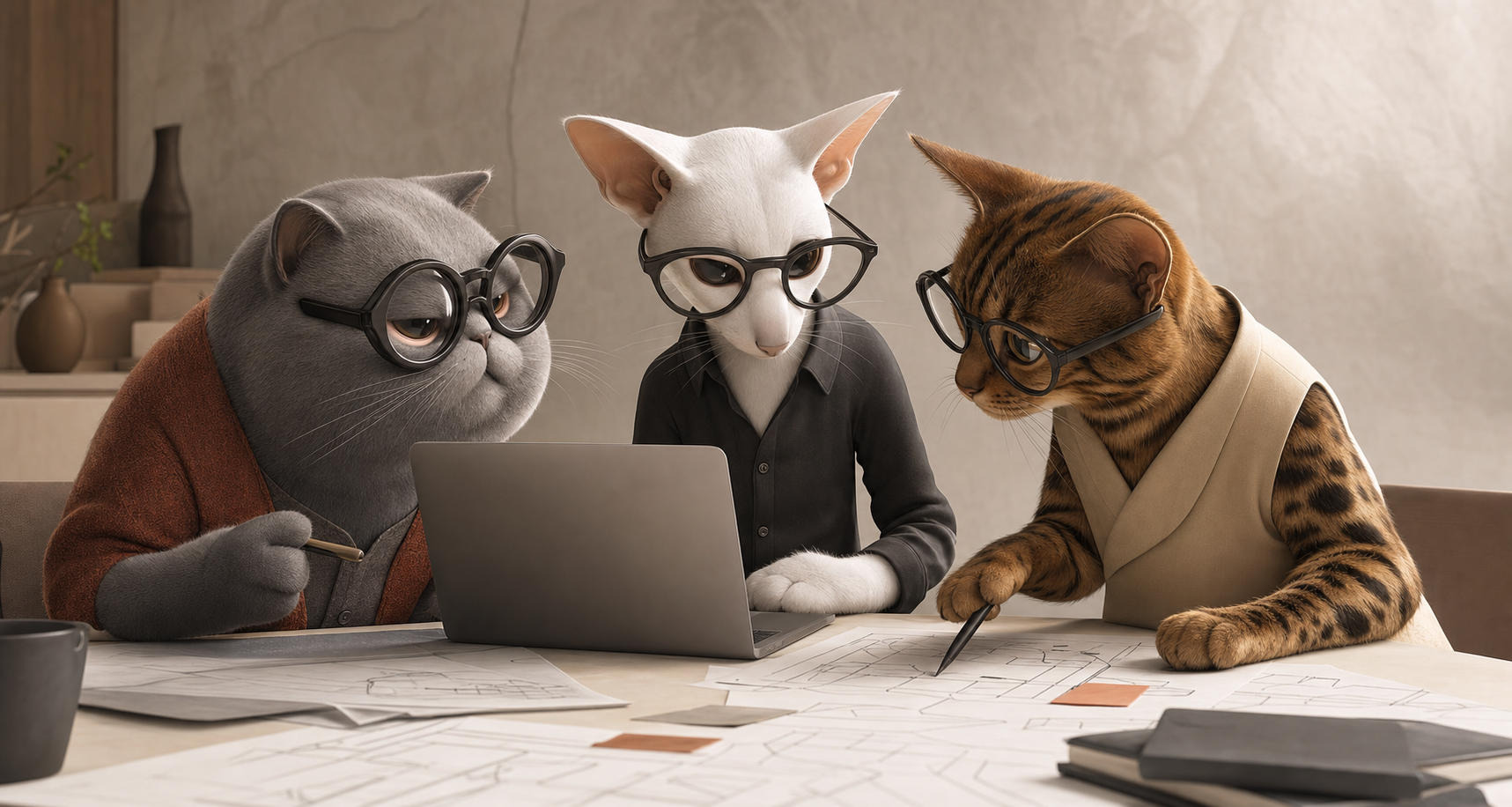 A diverse team of stylish cats collaborating around a laptop