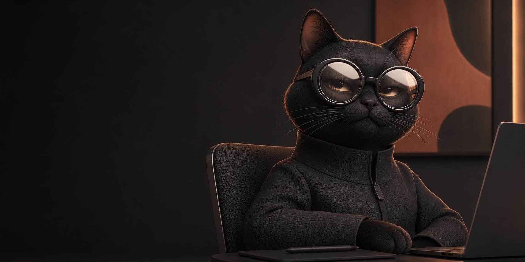 A confident black cat in oversized glasses, styled as a creative technology director