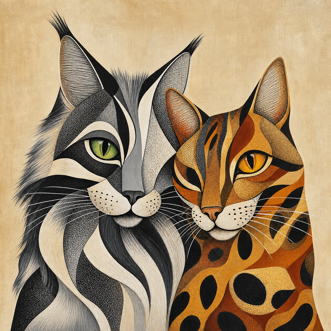 An abstract painted portrait of a silver Maine Coon and a cinnamon Bengal cat